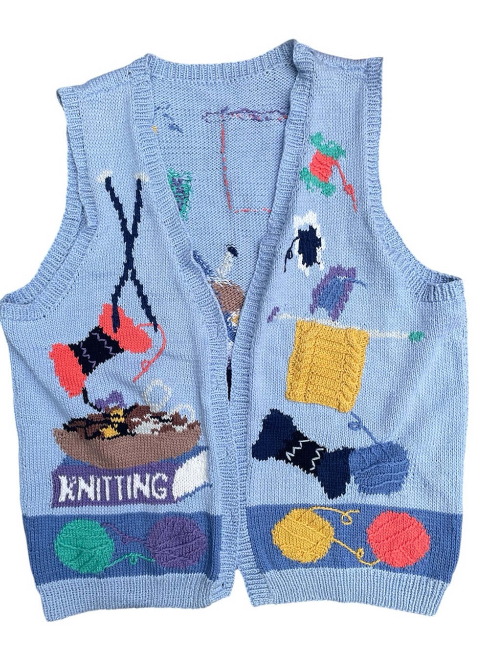 Vintage Cats Playing In Yarn Hand Knit Sweater Vest Kitschy Grandma 90s Knitting